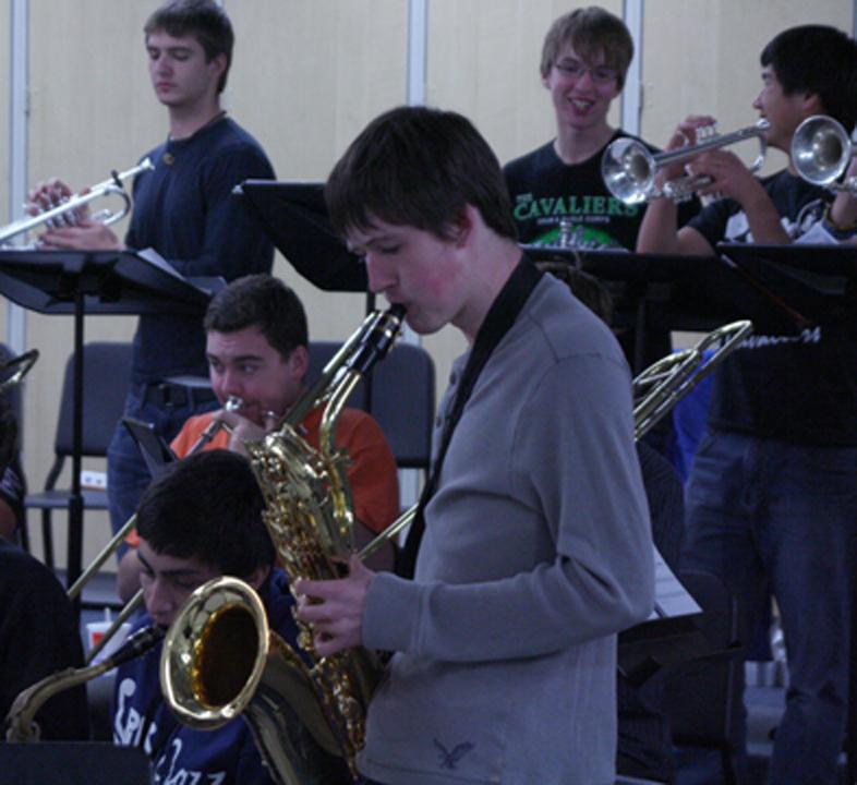 Riley Mangan solos on saxophone during a Prospect Jazz practice. The Prospect Jazz Band recently competed at the North Shore Jazz Festival on Saturday, Jan. 22, hosted by Glenbrook South High School. The Band took most of the top placements out of the 80 schools that competed.