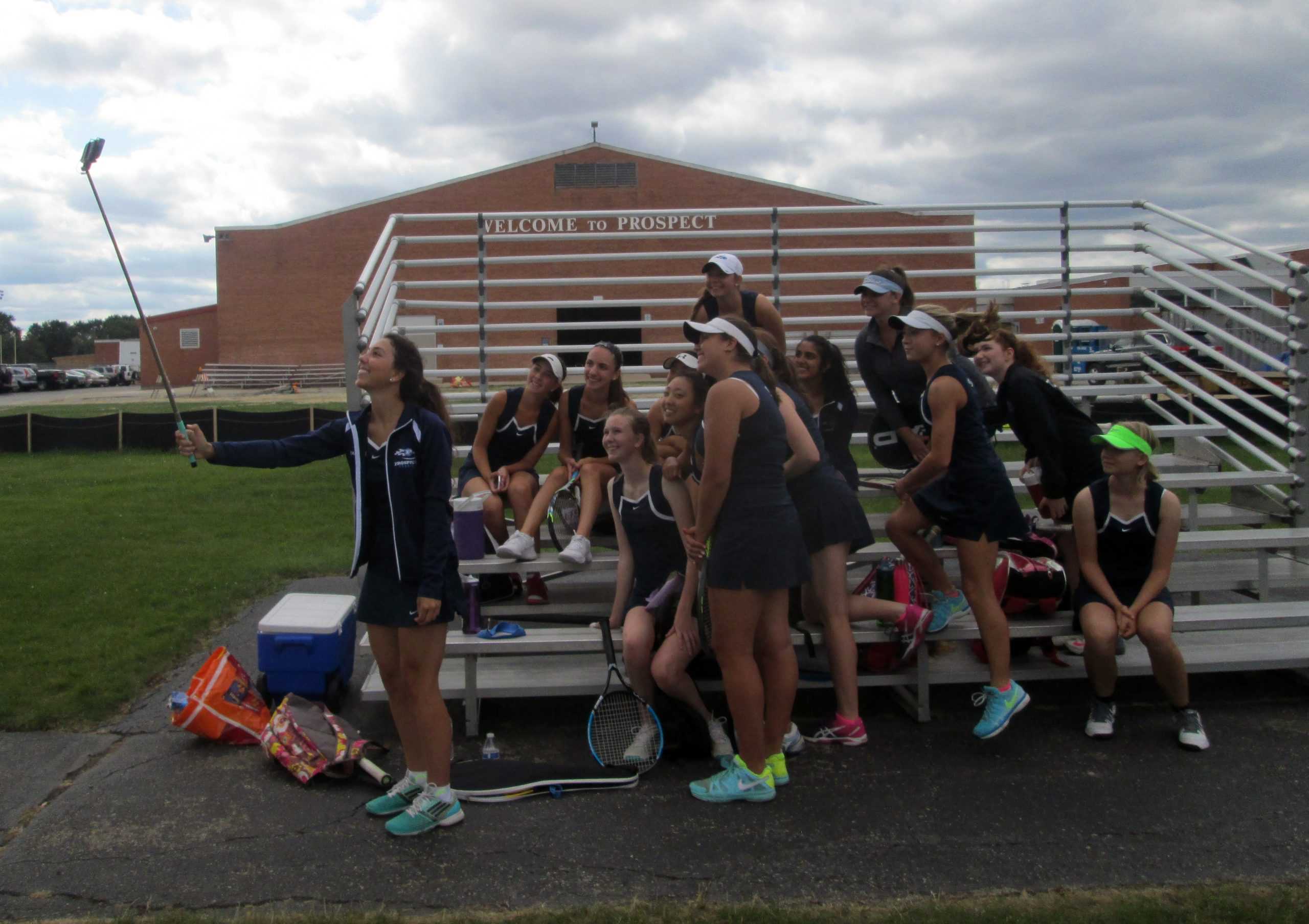 Senior Janeta Yancheva snaps a team selfie before the team’s first match. The team also has numerous bonding events such as “Fun Fridays” and team sleepovers.