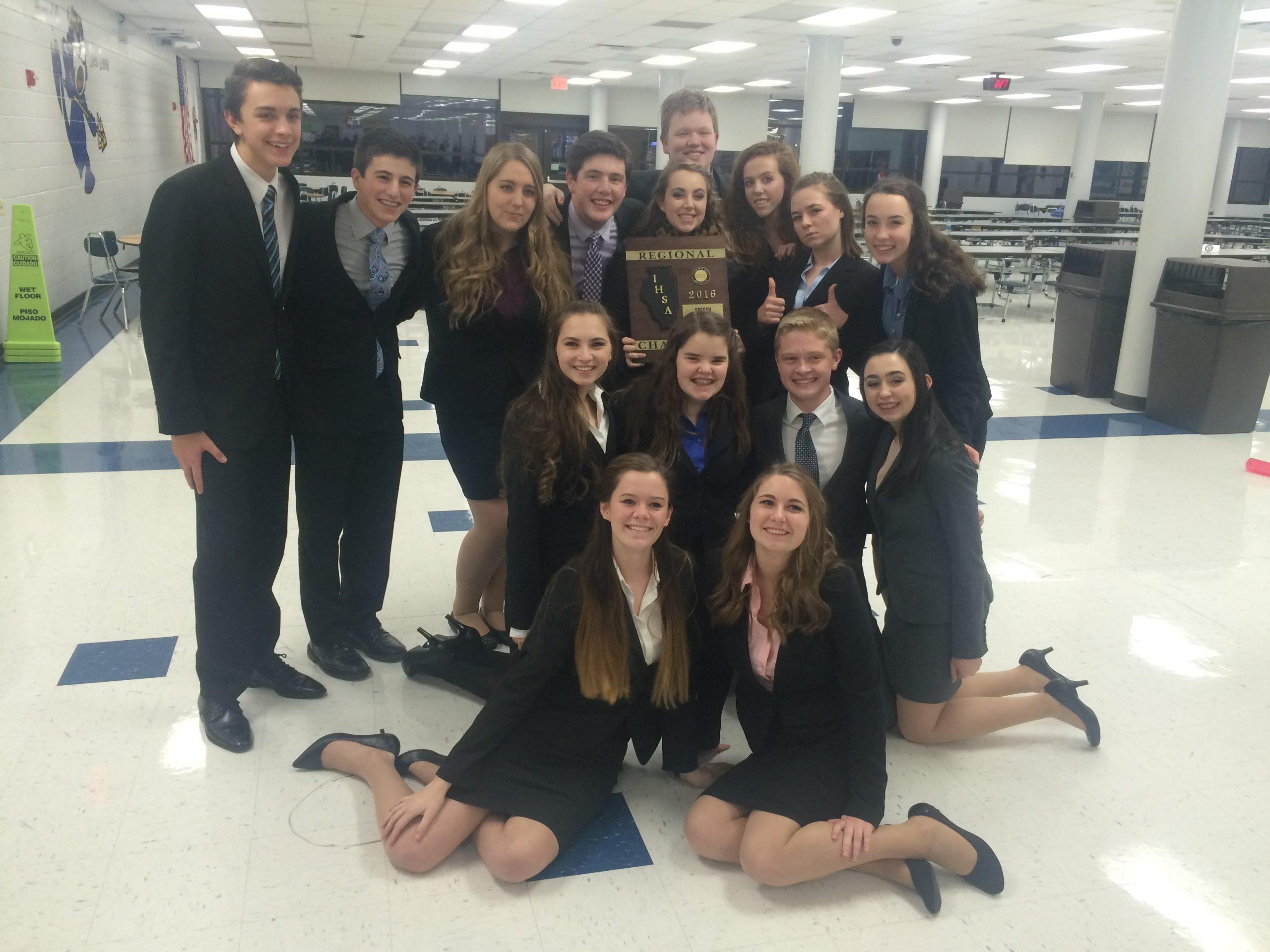 Performance in the Round poses with their regionals award on Saturday, Feb. 6 following their award winning interpretation of Mamma Mia.