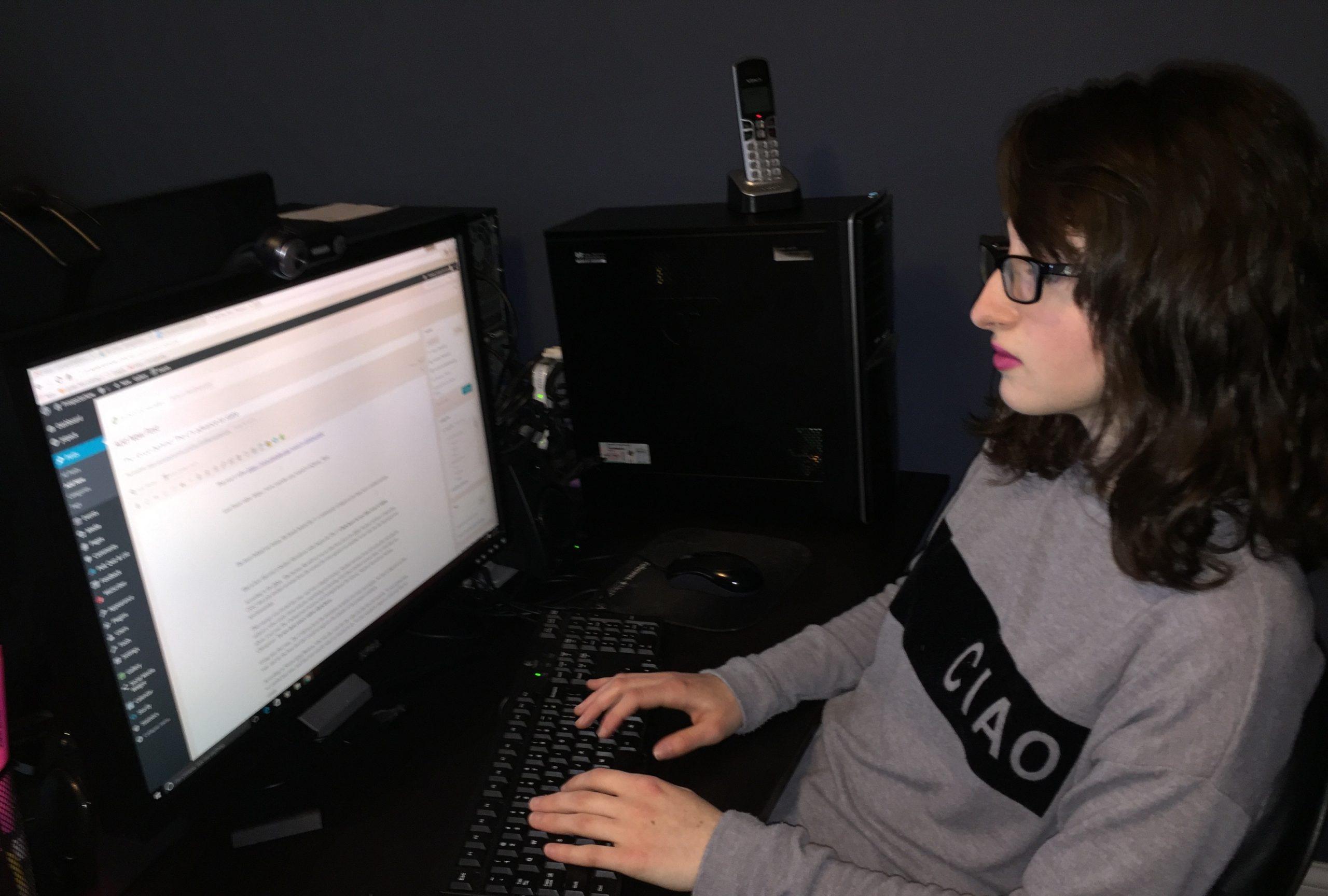 Online editor-in-chief Caroline Binley edits the site.  Prospectornow.com was announced as an online Pacemaker finalist Wednesday, March 9. "quote" (photo by Caroline Binley)