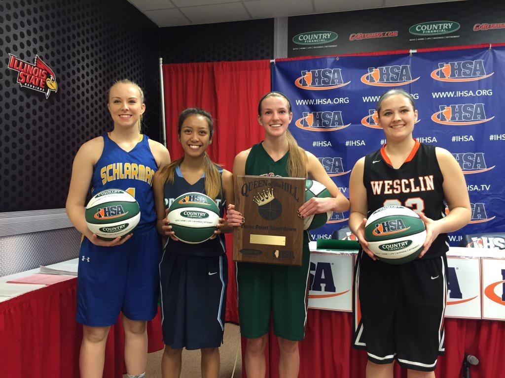 Senior Angelina Villasin poses with the other class’s three-point competition winners. Villasin drained eight threes to claim the 4A state title. “It was nerve wrecking at first,” Villasin said. “But it made it easier meeting the girls I was shooting against, they were all really nice.”