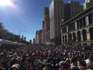 A CENTURY IN THE MAKING: City officials estimated that Friday's parade celebrating the Cubs' first World Series championship since 1908 drew around five million fans. Here was my view looking south on Michigan Avenue around 11 a.m., an hour before the parade would pass us on Randolph Street to the north.