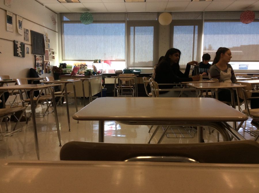 Sophomore+Kathleen+Gault+takes+this+picture+of+the+empty+desks+during+seventh+period.+Gault+was+one+of+the+five+people+in+her+Honors+World+Literature+Composition+class.+I+like+how+teachers+get+really+personal+with+you+when+youre+like+the+one+person+in+your+class%2C+Gault+said.