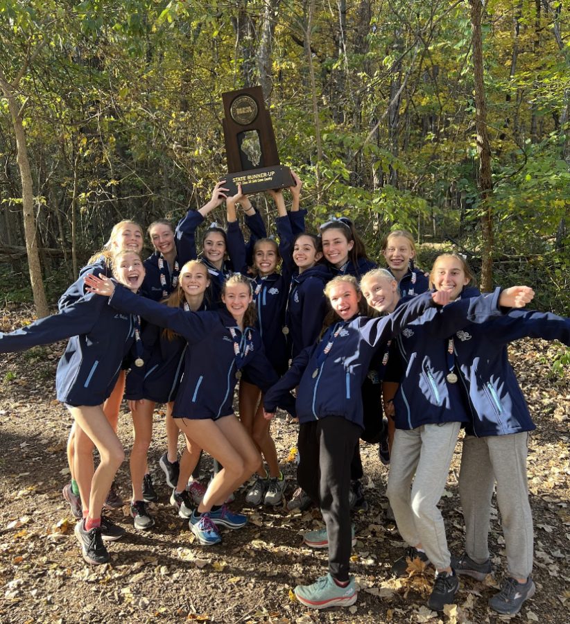 Hailey+Erickson%2C+along+with+several+of+her+teammates%2C+celebrate+by+hoisting+the+IHSA+state+runner-up+trophy+high+above+their+heads.