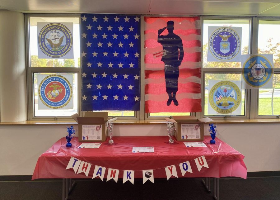 A display to advertise the Veterans Drive now sits in the commons alongside two boxes that students and staff can place donations in. See below for a full list of items that can be donated. (photo by Kevin Lynch)