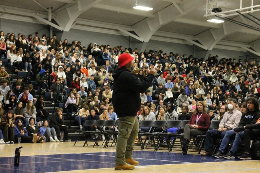 Public speaker Calvin Terrell talks to the Prospect student body. (Photo by Alyssa Degan)
