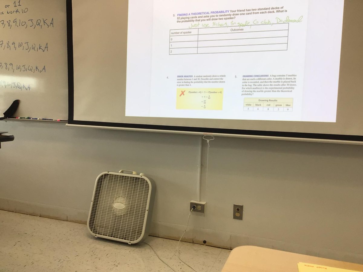 John Bassler teaches statistics and probability in room 333, with a fan stationed to help cool the classroom. Photo courtesy of Alex Bonnette 