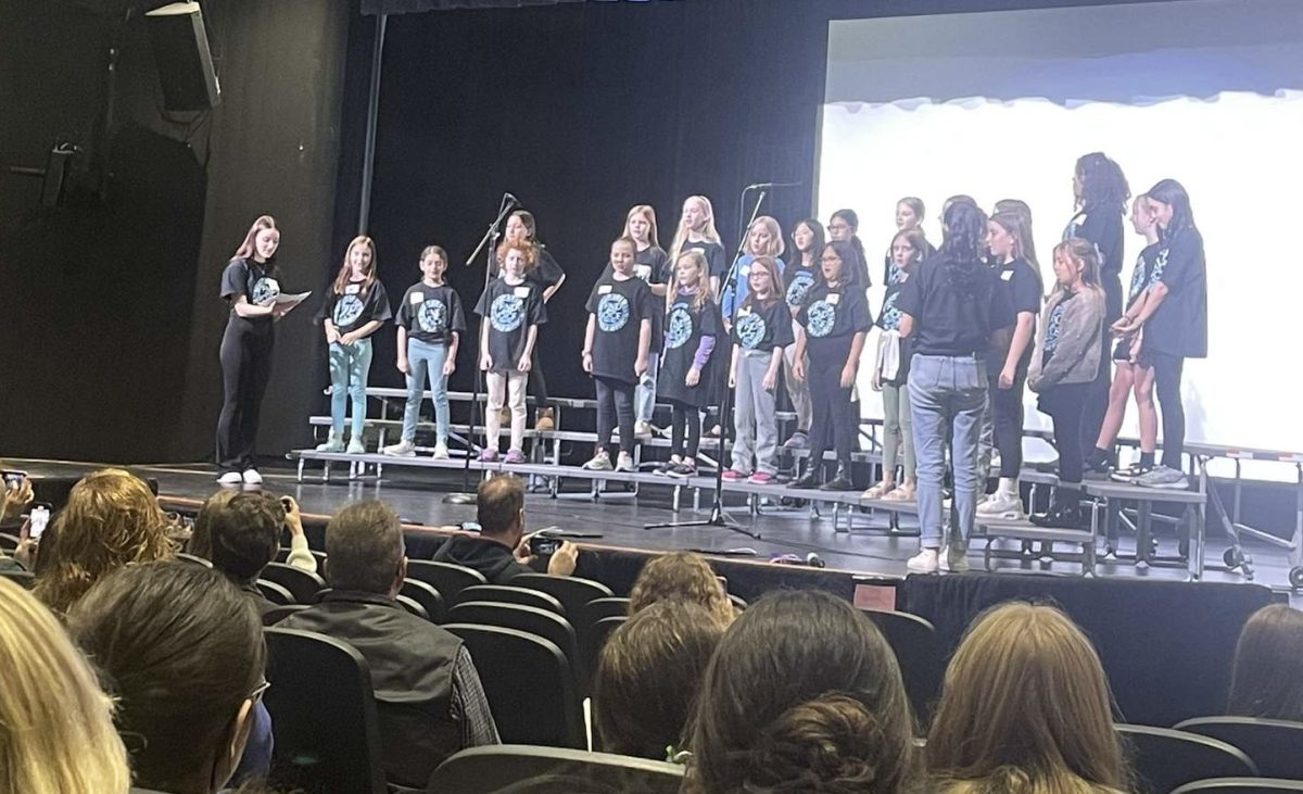 Choir Rocks performing in front of parents in the theater. (Photo courtesy of Lea Biwer)