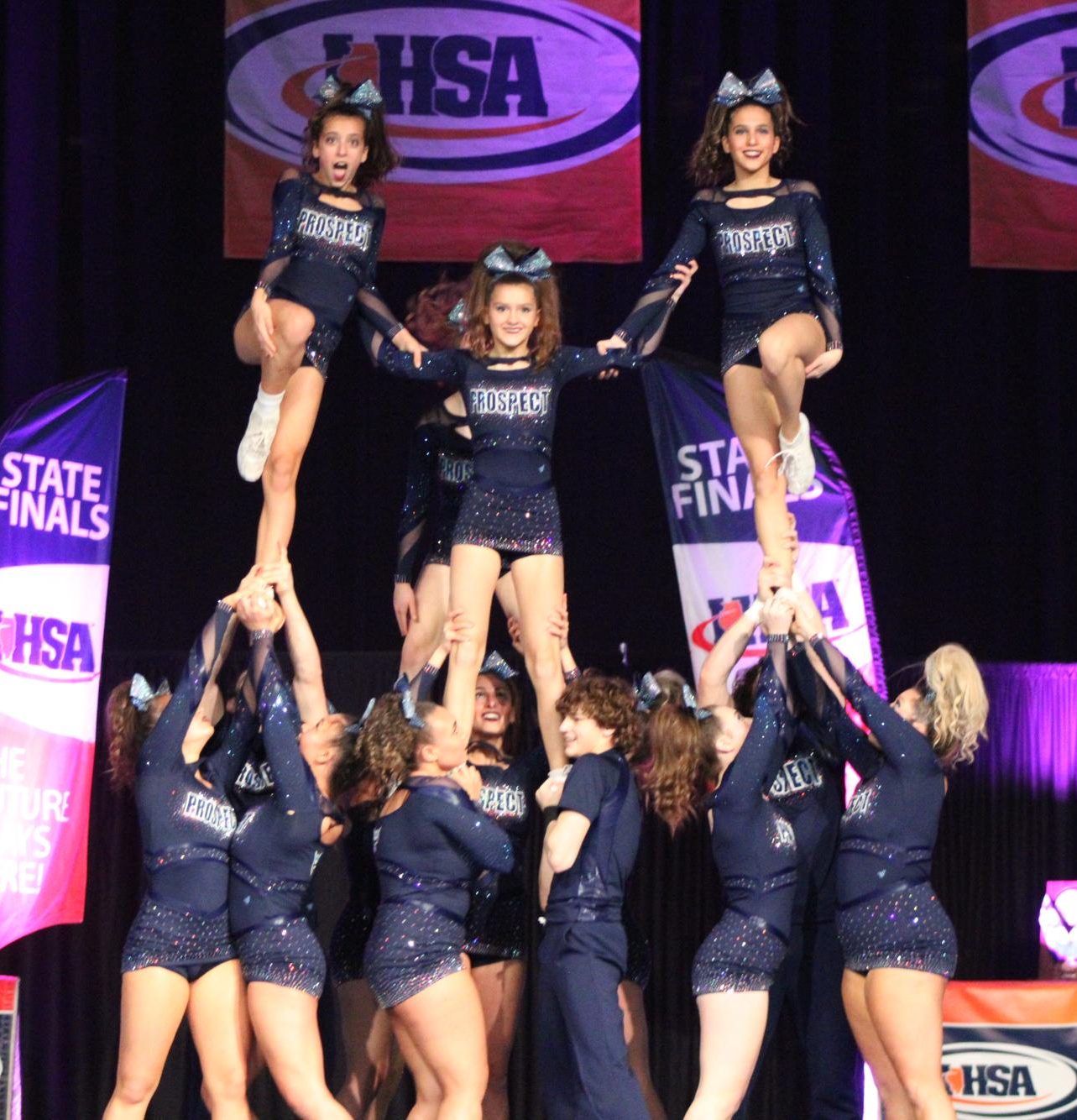The Prospect Varsity Coed Cheer team at IHSA state!