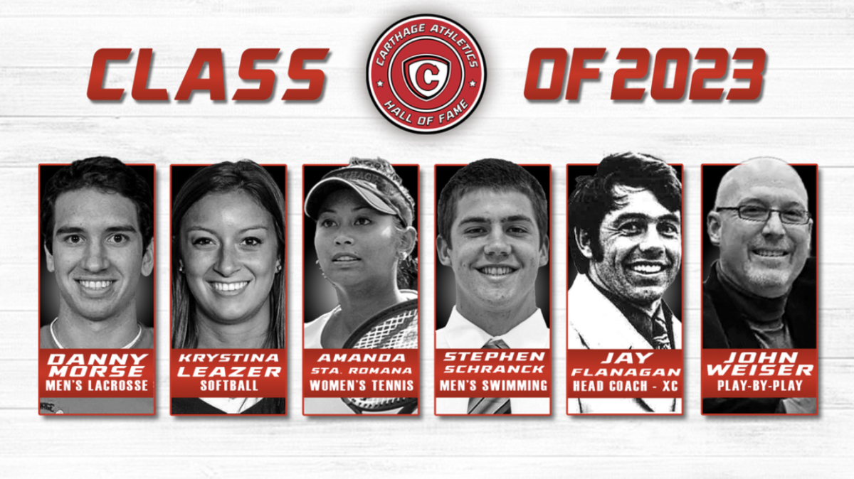 A+photo+announcement+of+the+inductees+into+Carthage+University%E2%80%99s+2023+Hall+of+Fame+class+%28photo+courtesy+of+athletics.carthage.edu%29.
