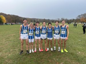 The boys’ cross country state team after finishing in 10th place at the IHSA Class 3A state championship. Runners Boris Dimitriov, Bobby Wintermute, Landon Samp, Luke Robinson, Brody Cushing, Collin Ryan and Quinn Davis (left to right) represented the Knights in the three mile race. (photo courtesy of Jay Renaud)