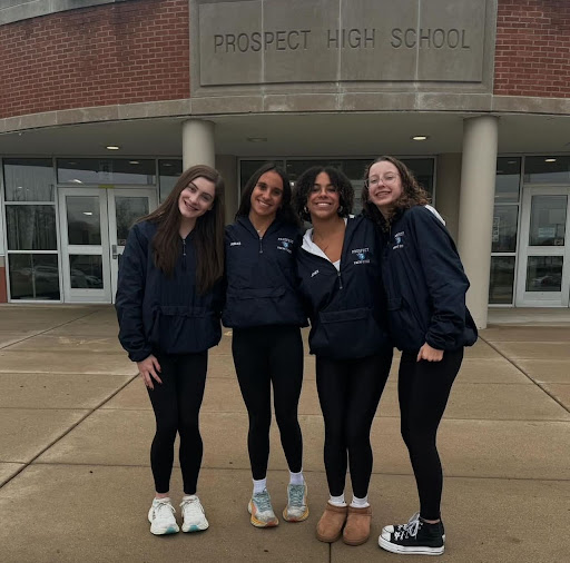 (Left to right) Junior Karla Baird, Senior Alina Rimas, Freshman Emmerson Jones and Sophomore Gracie Zimmer punched the ticket to the girls swim and dive state meet.