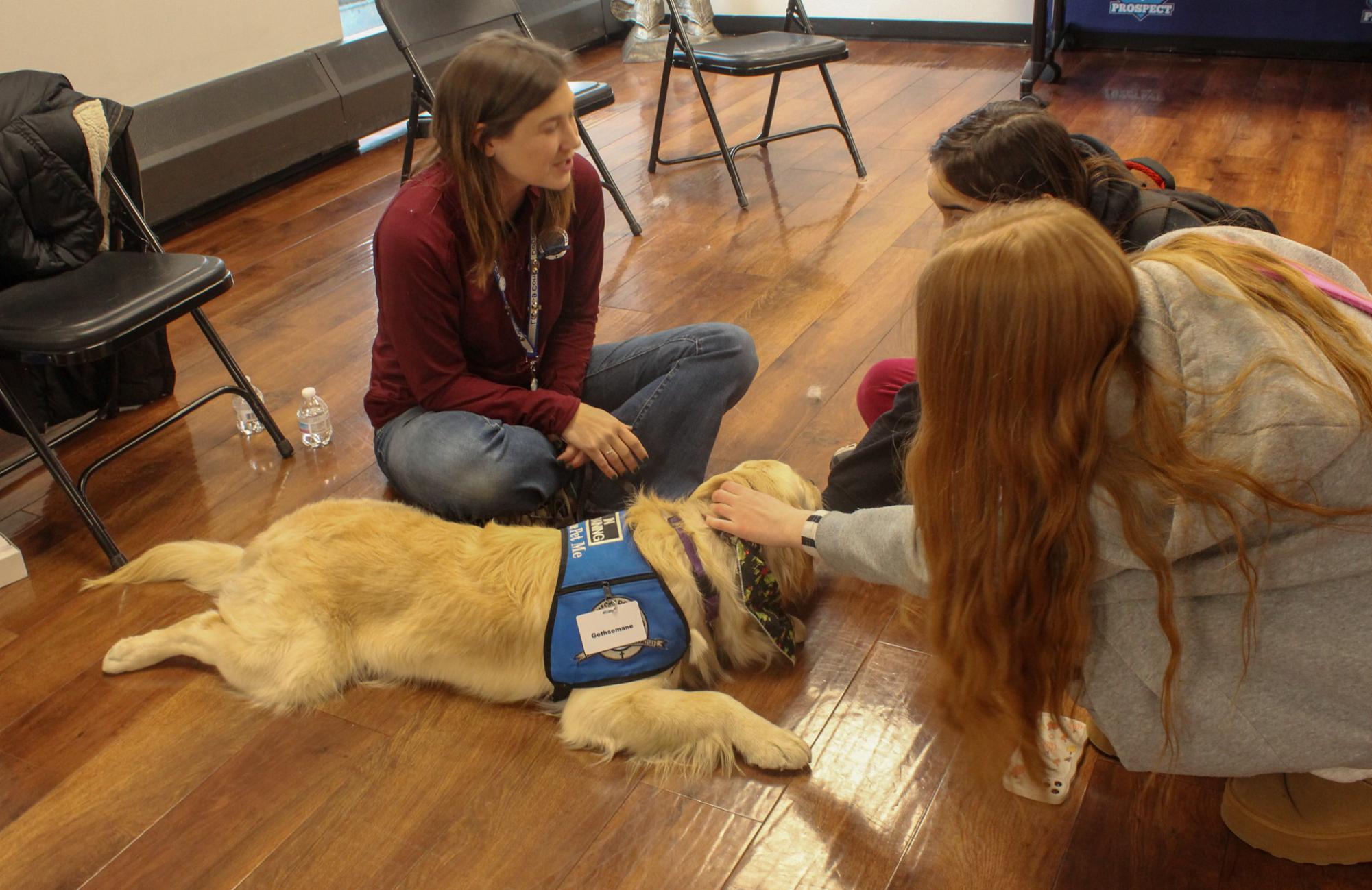 Students petting Gethsemane, a comfort dog in training. 