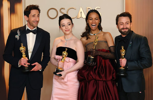 The latest Oscar winners for acting: (from left to right) Adrien Brody (Best Actor), Mikey Madison (Best Actress), Zoe Saldaña (Best Supporting Actress) and Kieran Culkin (Best Supporting Actor). Photo credit REUTERS/Daniel Cole