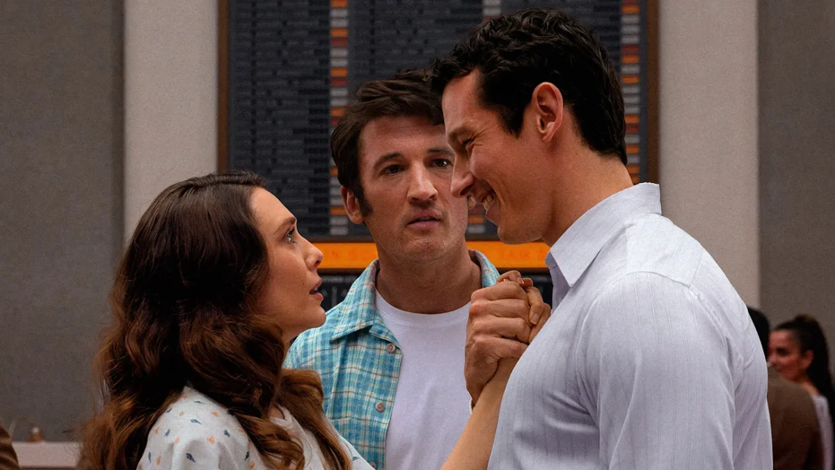 (from left to right) Elizabeth Olsen, Miles Teller and Callum Turner in "Eternity." (photo credit A24)